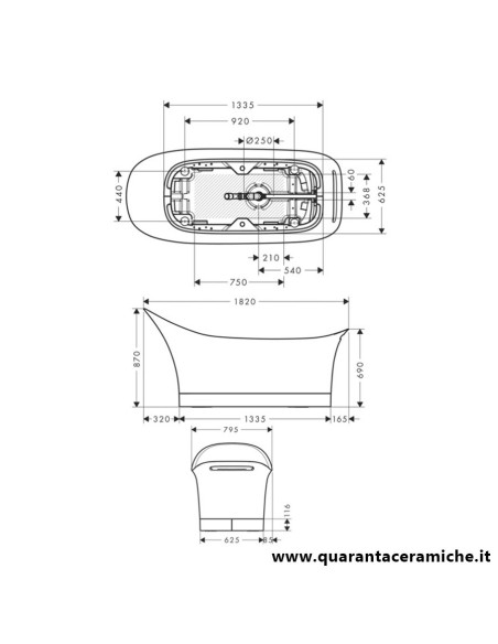 Axor Vasca da bagno freestanding Urquiola 1800/600, misure tecniche
