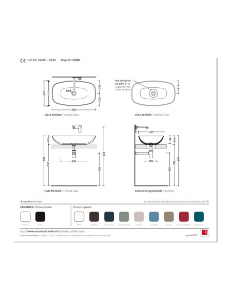 Flaminia Nudaslim 75 lavabo da appoggio - ND75A - Quaranta Ceramiche