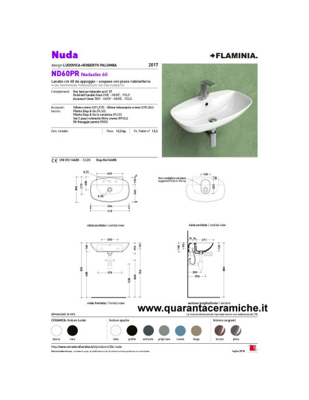 Flaminia Nudaslim 60 lavabo da appoggio o sospeso con piano rubinetteria