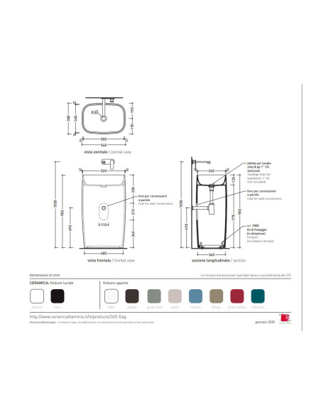 Flaminia Lavabo a colonna MONOFLAG a parete - ART FG52P -