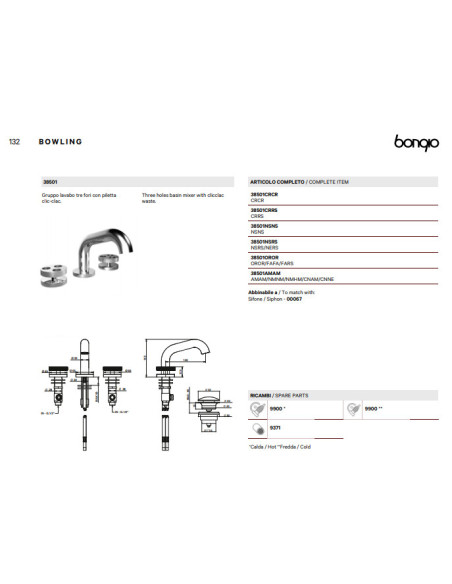 Bongio serie BOWLING lavabo a tre fori 38501 - Quaranta Ceramiche Srl