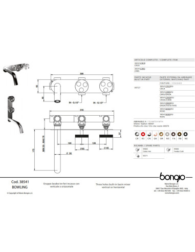 Bongio BOWLING Gruppo lavabo tre fori incasso a muro - ART 38541 -