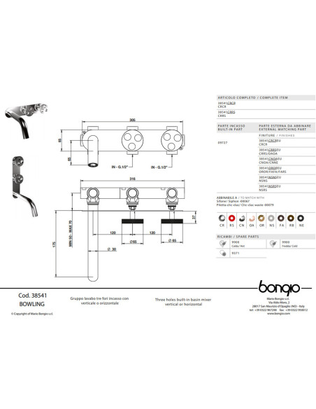 Bongio BOWLING Gruppo lavabo tre fori incasso a muro - ART 38541 -