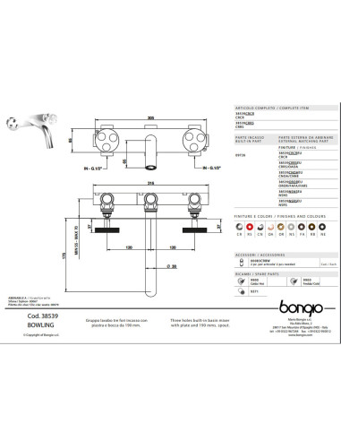 Bongio BOWLING gruppo lavabo tre fori incasso a muro - ART 38539 -