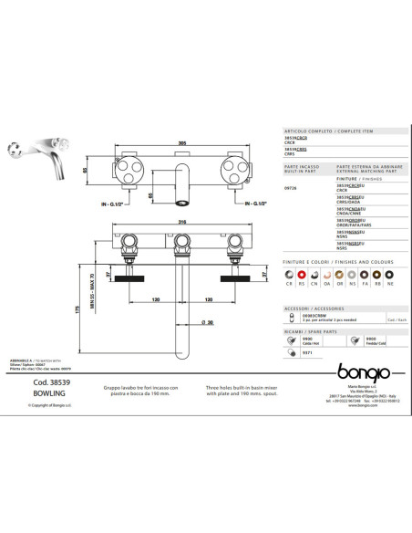 Bongio BOWLING gruppo lavabo tre fori incasso a muro - ART 38539 -