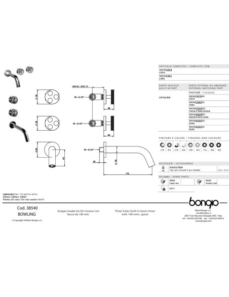 Bongio BOWLING lavabo tre fori incasso 38540 - Quaranta Ceramiche SRL