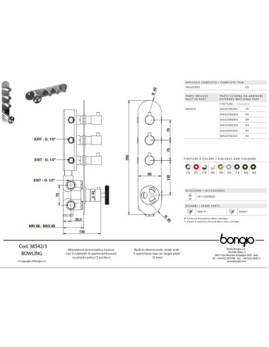 Bongio BOWLING art. 38542/3 miscelatore termostatico a parete 3 uscite
