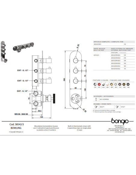 Bongio BOWLING art. 38542/3 miscelatore termostatico a parete 3 uscite
