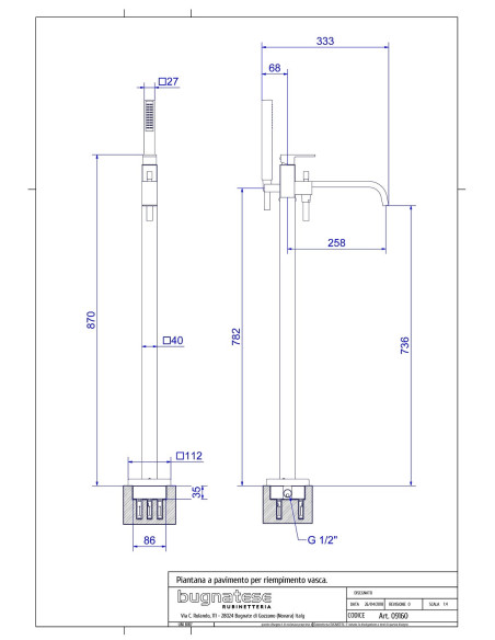 Bugnatese Tetris Piantana a pavimento per riempimento vasca scheda