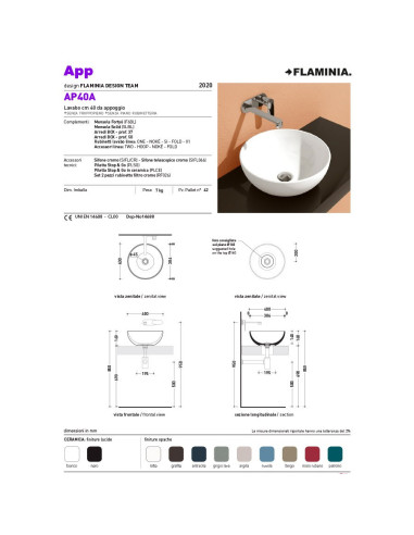 Flaminia App lavabo BIANCO LATTE da appoggio cm 40