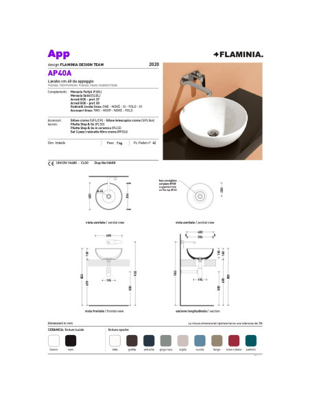 Flaminia App lavabo BIANCO LATTE da appoggio cm 40