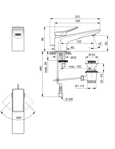 Ideal Standard CONCA miscelatore monocomando lavabo con scarico