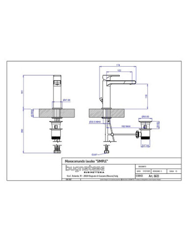 Bugnatese Simple Monocomando lavabo scarico automatico