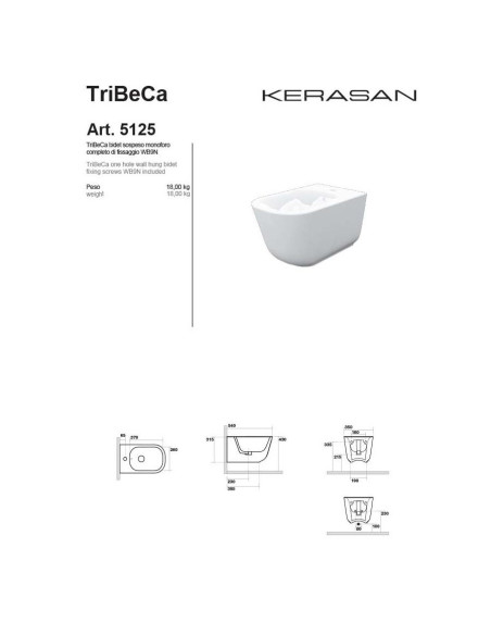 Sanitari sospesi Kerasan Tribeca vaso Norim, bidet  e coprivaso slim soft close