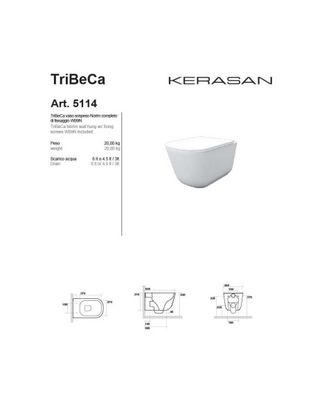 Sanitari sospesi Kerasan Tribeca vaso Norim, bidet  e coprivaso slim soft close