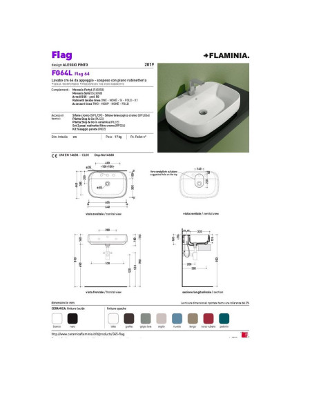 Flaminia lavabo Flag da appoggio o sospeso FG64L |  Quaranta Ceramiche