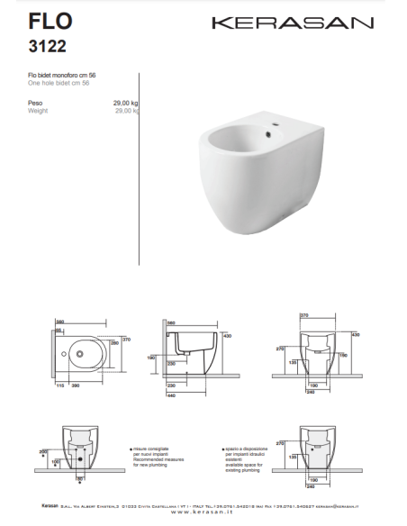 Bidet filo muro Kerasan Flo 56 3122 01 - Miglior Prezzo