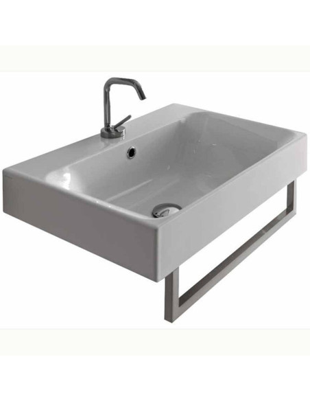 Lavabo in ceramica sospeso rettangolare cm 100 Kerasan serie Cento con portasciugamani frontale cm 68,2 o laterale cm 41