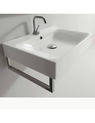 Lavabo in ceramica sospeso rettangolare cm 140 Kerasan serie Cento con portasciugamani frontale cm 64 o laterale cm 41