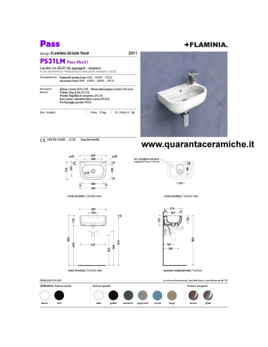 Flaminia Pass lavabo sospeso o da appoggio cm 45x31