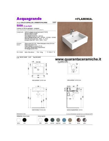 Flaminia Acqualight lavabo da appoggio o sospeso cm 50