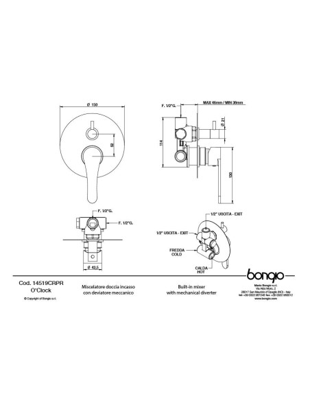 Bongio O'Clock miscelatore lavabo, bidet, doccia incasso con deviatore e soffione con doccetta