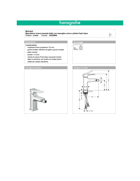 Hansgrohe Metropol miscelatore monocomando per lavabo e bidet maglia a leva