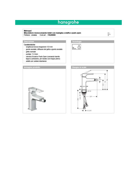 Hansgrohe Metropol miscelatore monocomando per bidet maniglia a staffa