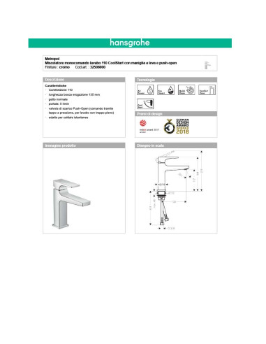 Hansgrohe metropol miscelatore monocomando per lavabo 110 coolstart e bidet maniglia a leva