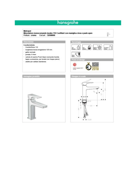 Hansgrohe metropol miscelatore monocomando per lavabo 110 coolstart e bidet maniglia a leva