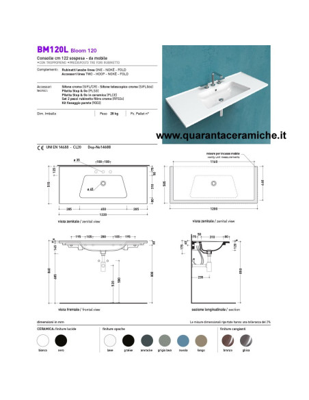 Ceramica Flaminia Bloom lavabo a consolle sospeso cm 120