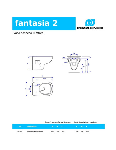 Pozzi Ginori Fantasia 2 sanitari sospesi vaso Rimfree, bidet e coprivaso soft