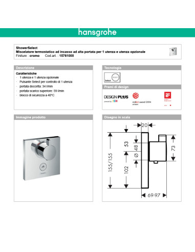 Termostatico doccia incasso con rubinetto regolazione portata