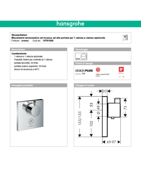 Termostatico doccia incasso con rubinetto regolazione portata