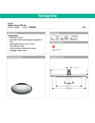 quaranta-ceramiche-soffione e braccio- tondo- Hansgrohe