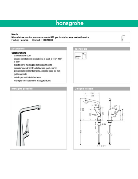 Hansgrohe Metris miscelatore cucina 320 per installazione sotto finestra