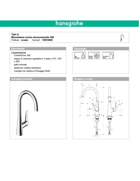 Hansgrohe Talis S miscelatore cucina 260 con bocca orientabile